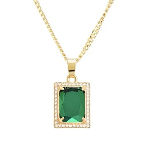 Collana catena cubana 20 pollici ciondolo quadrato rubino verde placcato oro CP 225 G - Foto 1 di 3