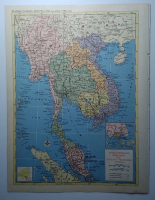 1955 Антикварная Карта Атласа ЮГО-ВОСТОЧНОЙ АЗИИ - MCM Hammond's New Supreme World Atlas - Изображение 1 из 4
