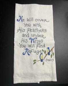 Embroidered Cotton Tea Towel Psalm "He will cover you with His feathers" 28.5” - Picture 1 of 7