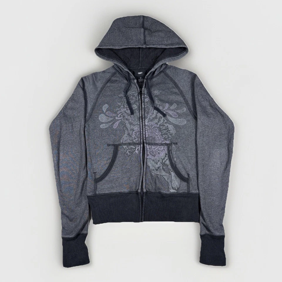Y2K Obey Full Zip Tiger Graphic Hoodie Black Women’s Size Small Cropped VTG - Image 1 of 4