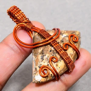 Coffee Jasper Gemstone Handmade Gift Wire Wrap Copper Jewelry Pendant 2" SR 1910 - Picture 1 of 7