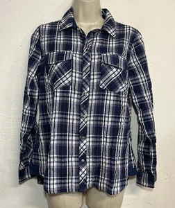 NWT KUT Small Petite Button Down Shirt Dark Blue Plaid Crinkle Long Sleeve Shirt - Picture 1 of 6