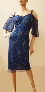 Pisarro Nights Blue Beaded Mesh Sheath Gown Evening Formal Dress Size 2 - Picture 1 of 6