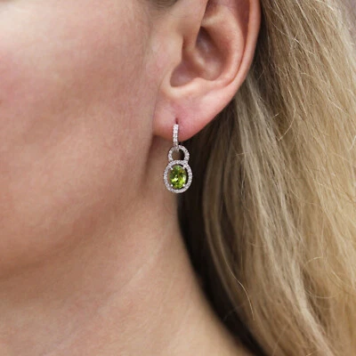 4.5 ctw Natural Green Peridot Diamond Solid 14k White Gold Halo Dangle Earrings - Image 1 of 4