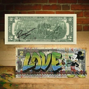 MICKEY MOUSE Graffiti LOVE Genuine U.S. $2 Bill Rency DIAMOND DUST S/N # of 18 - Picture 1 of 3