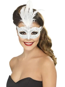 Maschera occhi glitter argento + piume ballo mascherato veneziano abito fantasia - Foto 1 di 1