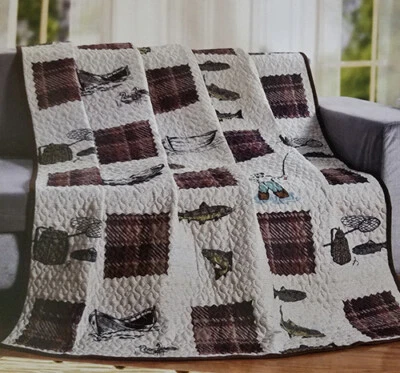 FISH TALES Fisherman Cabin Quilted Throw Blanket, 50" x 60", by Slifka - Image 1 of 2