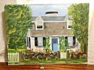 Vintage Oil Painting Blue Door Cottage In Summer Rockport Massachusetts Art 1978 - Imagen 1 de 5