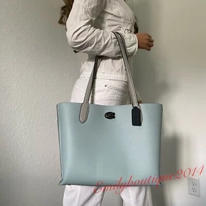 NWT Coach C0692 Willow Pebble Leather Tote In Colorblock Aqua Grey Shoulder Bag - Picture 1 of 10