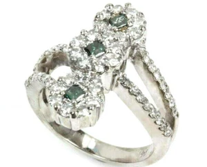 1.5 ctw Natural Blue & White Diamond Solid 14k White Gold 3 Flower Cluster Ring - Picture 1 of 2