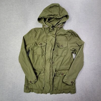 Chaqueta J Crew Mujer Pequeña Militar Verde Con Capucha Cremallera Completa Bolsillos de Carga Utilidad Foto 1 de 4