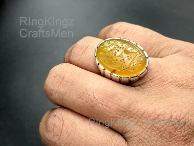 Anillo Zard Aqeeq piedra grabada para hombre anillo de protección de ágata amarilla joyería islámica Foto 1 de 4