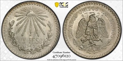 1945 M México Plata Un Peso PCGS MS66 Gran Brillo 2409 Foto 1 de 4