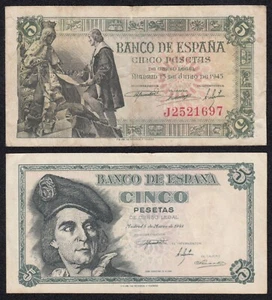 SPAIN LOT BANKNOTE - 2 X 5 PESETAS - P129/P136 - 1945/1948 - VF🇪🇸 - Picture 1 of 3
