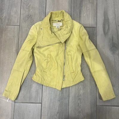 Karen Millen England  Yellow Leather Converible Zip Funnel Neck Moto Jacket US 4 - Image 1 of 4