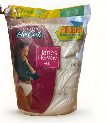 7 件装 Hanes Her Way 高帮棉质内裤 5 码白色 — 第 1/4 张图片