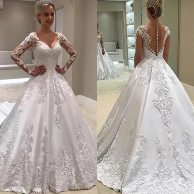 Princess Satin Wedding Dresses Long Sleeves Lace Appliques Buttons Bridal Gowns - Image 1 of 4