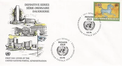 Naciones Unidas Ginebra 278-279 Set FDC Palacio de las Naciones Caballo Foto 1 de 4