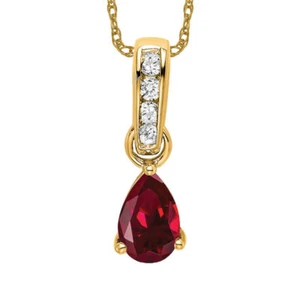 14K Solid Yellow Gold Pear Lab Ruby Diamond Necklace - Picture 1 of 12