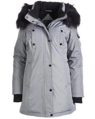 Parka con capucha Steve Madden con ribete de piel sintética talla pequeña gris negra acogedora invierno Foto 1 de 4