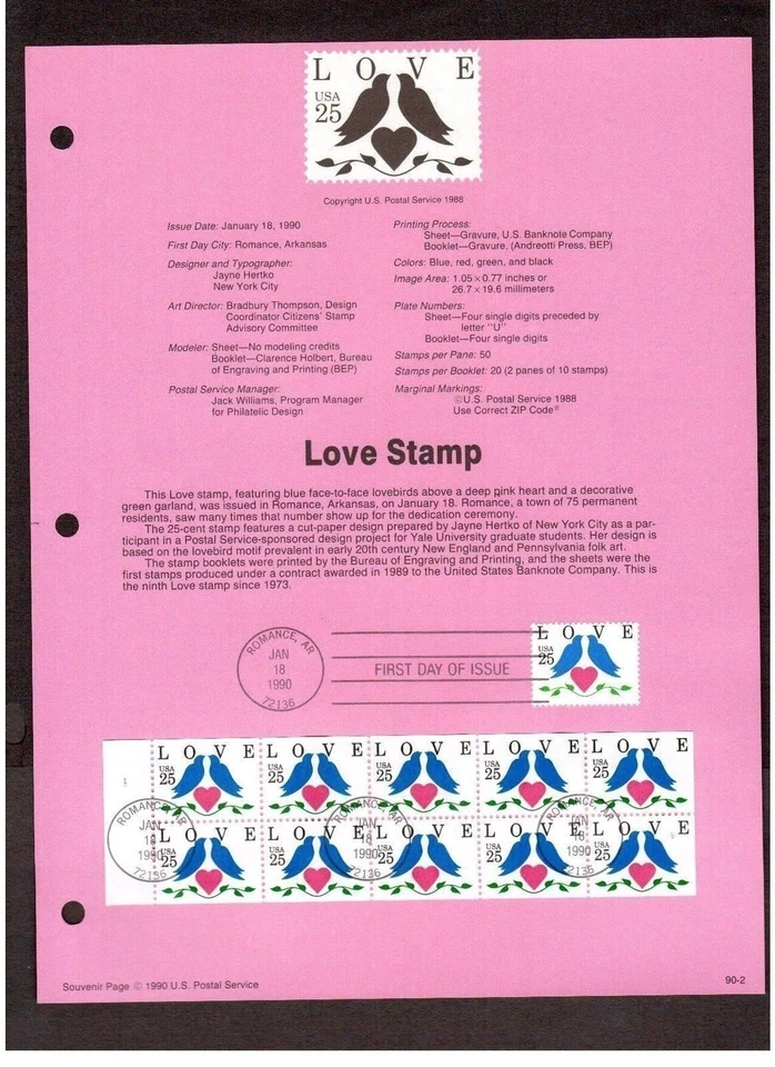 FDC Stamp # 2440-2441a 25 cent Love Birds 1990 USPS Souvenir Page 902 - Image 1 of 1