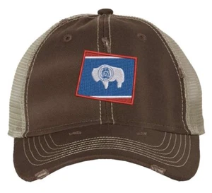 Wyoming Distressed Trucker Hat – Embroidered State Flag, Mesh Strapback Cap - Picture 1 of 8