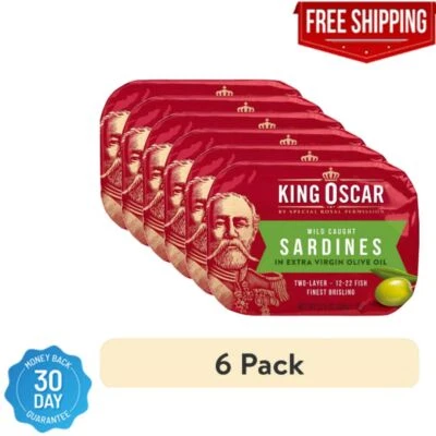 (Paquete de 6) Sardinas King Oscar Brisling en Aceite de Oliva Virgen Extra 3,75 OZ Foto 1 de 4