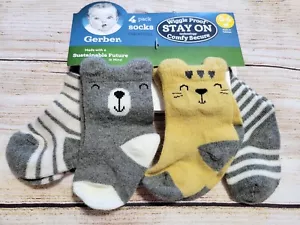 NWT Gerber Baby Boy SOCKS 4 pair Set LION/BEAR Grey/Stripe NB,0-6 Wiggle Proof - Picture 1 of 2