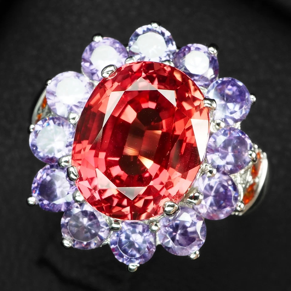 Anillos de oro blanco de plata de ley 925 con zafiro Padparadscha rosa radiante de 4,70 quilates Foto 1 de 4