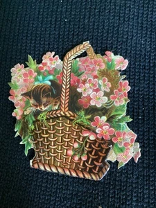 Cat Kitten In Pink Flowers Basket - Vintage Victorian die cut from scrapbook - Imagen 1 de 3