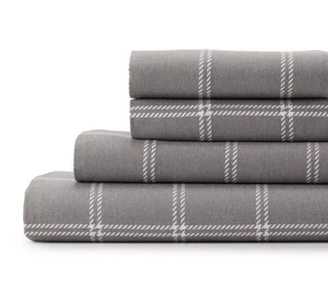 Cuddl Duds Heavyweight Flannel QUEEN Sheet Set Cotton Deep Fit Gray Ivory Plaid - Picture 1 of 6