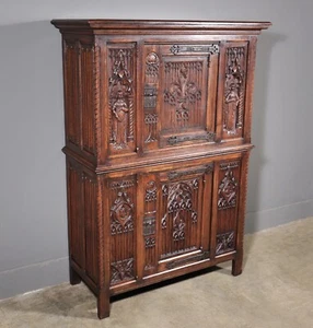 63" Tall Antique French Gothic Revival Cabinet Highly Carved in Solid Oak Wood - Picture 1 of 18