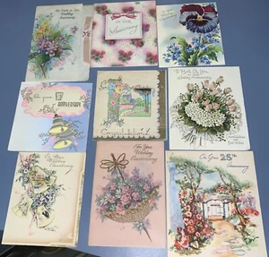 Lot 9 Vintage 1950's - 60S Anniversary Bells  Floral Greeting Cards Used - Picture 1 of 10
