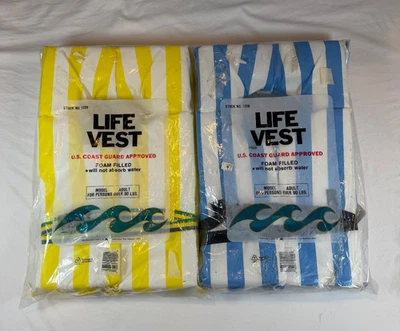 LOT 2 VINTAGE ADULT LIFE PRESERVER JACKET VEST BLUE YELLOW WHITE STRIPE Yacht - Image 1 of 4