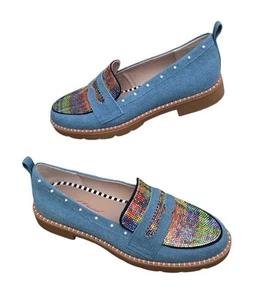 Betsey Johnson Halliee Denim Multicolor Rhinestone Loafers Womens Size 8.5 NWOB - Picture 1 of 12