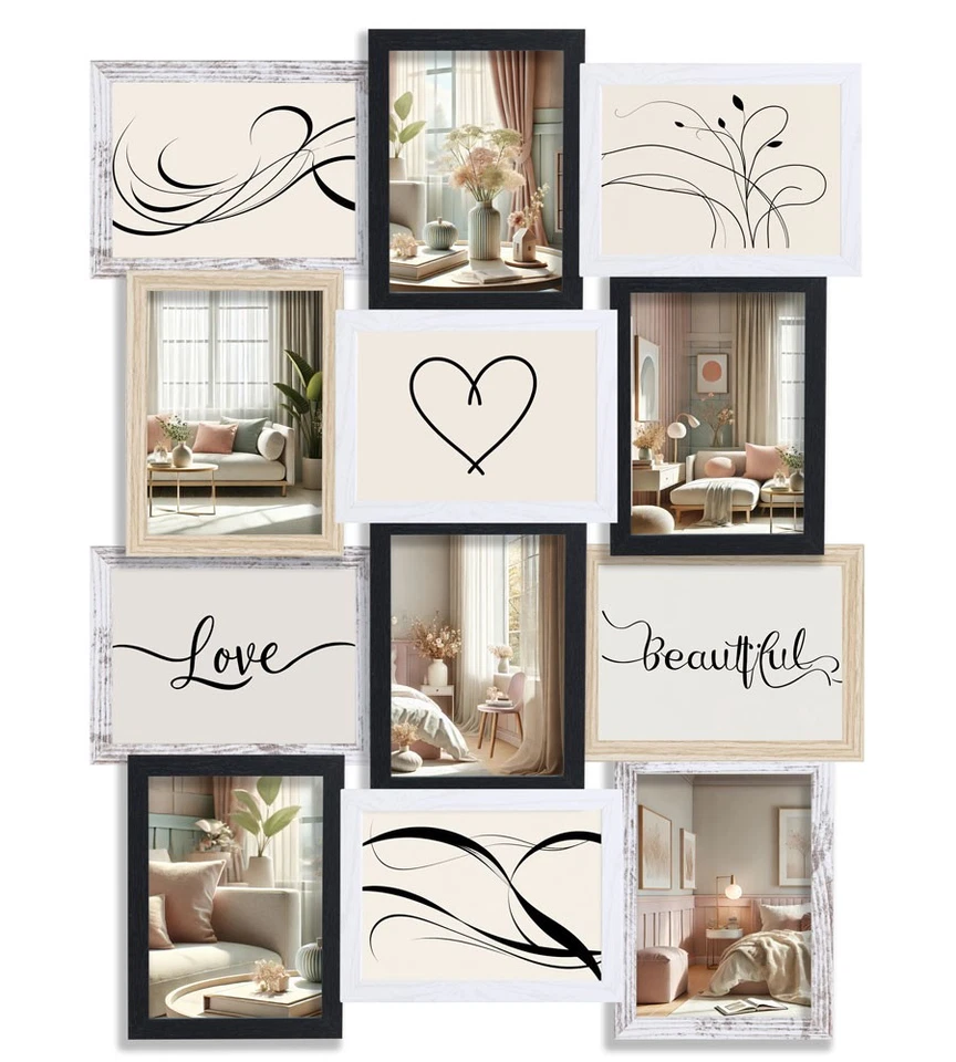 KM FOTO Bilderrahmen Collage für 12 Fotos Galerierahmen Mehrfachrahmen für Fotowand Bild