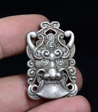 3.5CM Old China Miao Silver Feng Shui Lion Beast Head Pendant Amulet Necklace