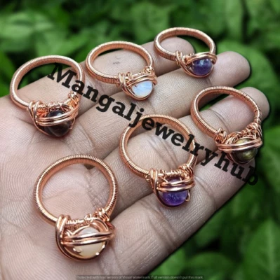 Rose Quartz & Mix Gemstone 5PCS Beads Rings Copper Wire Wrap Fashion Jewelry Lot - Image 1 of 4