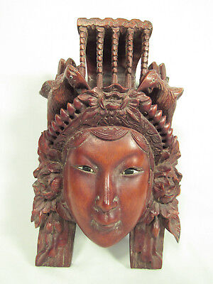 Vintage Highly Detailed Hand Carved Rosewood Asian Female Face Birds Headdress • 165$