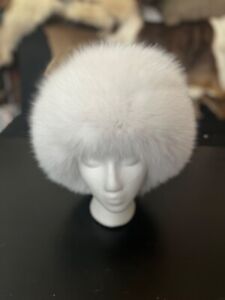 White Ranch Fox Fur Pillbox Hat Size XL Silk Lining Real Pelt