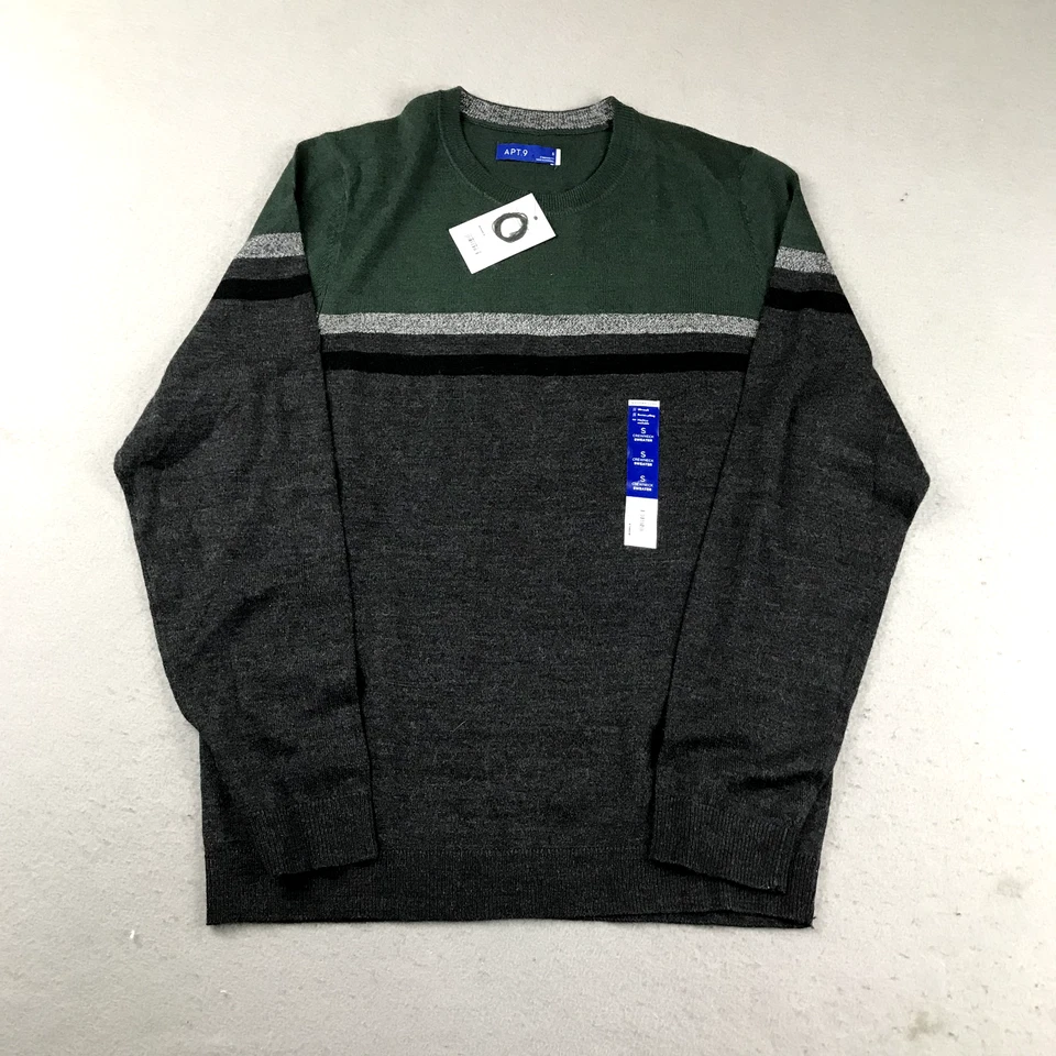 Apt 9 Sweater Mens Small Gray Green Merino Wool Blend Crew Neck Pullover NWT - Image 1 of 4