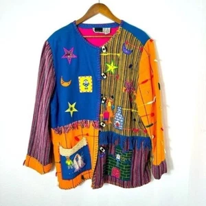 Vintage Maggie Barnes Bright Embroidered Patchwork Halloween Art to Wear Coat 2X - Picture 1 of 11