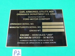Data Plate Nomenclature Fits M20 Armored Car G176 WWII Ford Greyhound (P2) - Picture 1 of 1