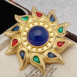 1980s Gripiox Style Brushed Gold Blue Starburst Brooch Signed BAUER - Picture 1 of 3
