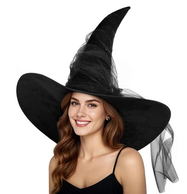 Chapéu de bruxa feminino preto mascarado franzido tamanho grande bruxas chapéus de veludo largos. - Imagem 1 de 4