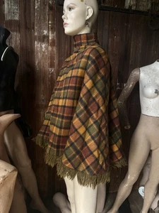 Vintage 60s 70s Plaid Wool Poncho Cape Fleece Lined Fringe Woven Mock Neck - Picture 1 of 7