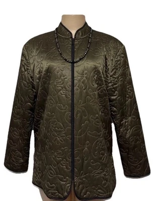 Chicos Design womens silk jacket size 2 L olive quilted work party top gorgeous - Image 1 of 4