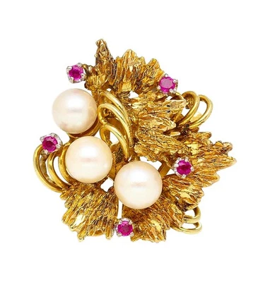 Vintage 5mm Pearl & Ruby Floral Cluster 18K Gold Twisted Shank Cocktail Ring - Image 1 of 4