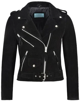 DESIGNER New Women's Fringe Black Suede Jacket 100% SoftLambskinMotoBiker jacket - Image 1 of 4
