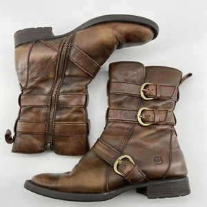 Born CINCY Boots Size 6 Brown Tan Leather Moto Harness Leather Buckle Mid Shaft - Picture 1 of 14